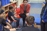 Aphra Brandreth MP talking with Huxley C of E School pupils